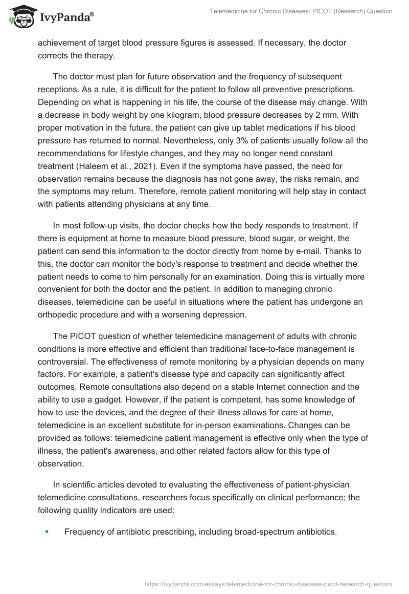 Telemedicine for Chronic Diseases: PICOT (Research) Question. Page 2