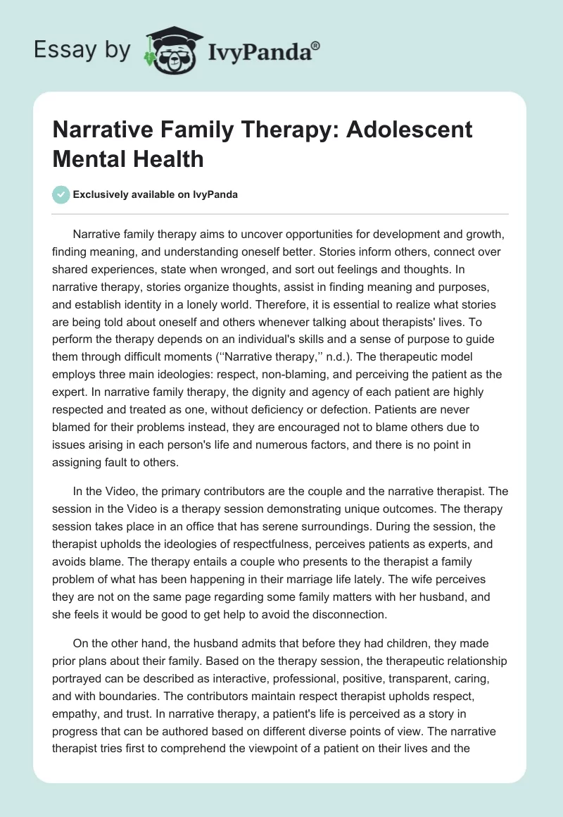 Narrative Family Therapy: Adolescent Mental Health. Page 1