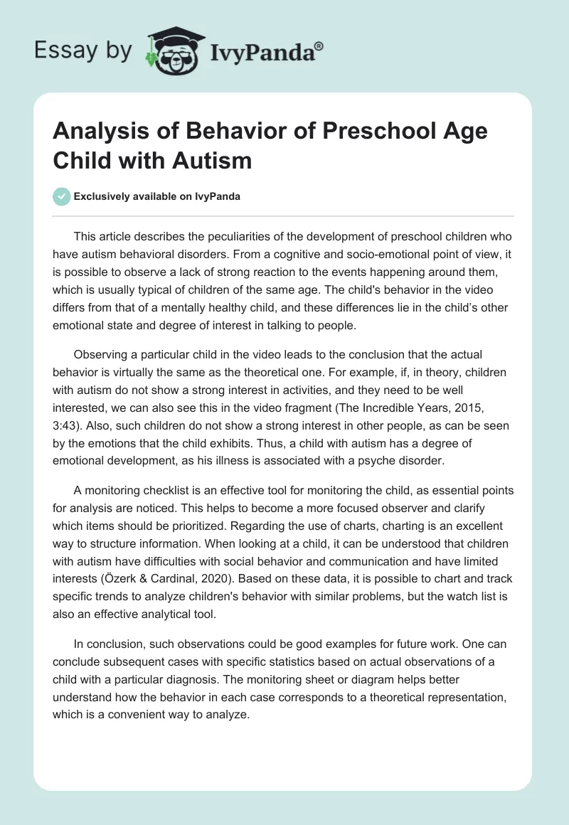 Analysis of Behavior of Preschool Age Child With Autism. Page 1