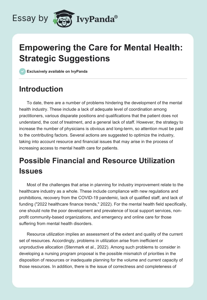 Empowering the Care for Mental Health: Strategic Suggestions. Page 1