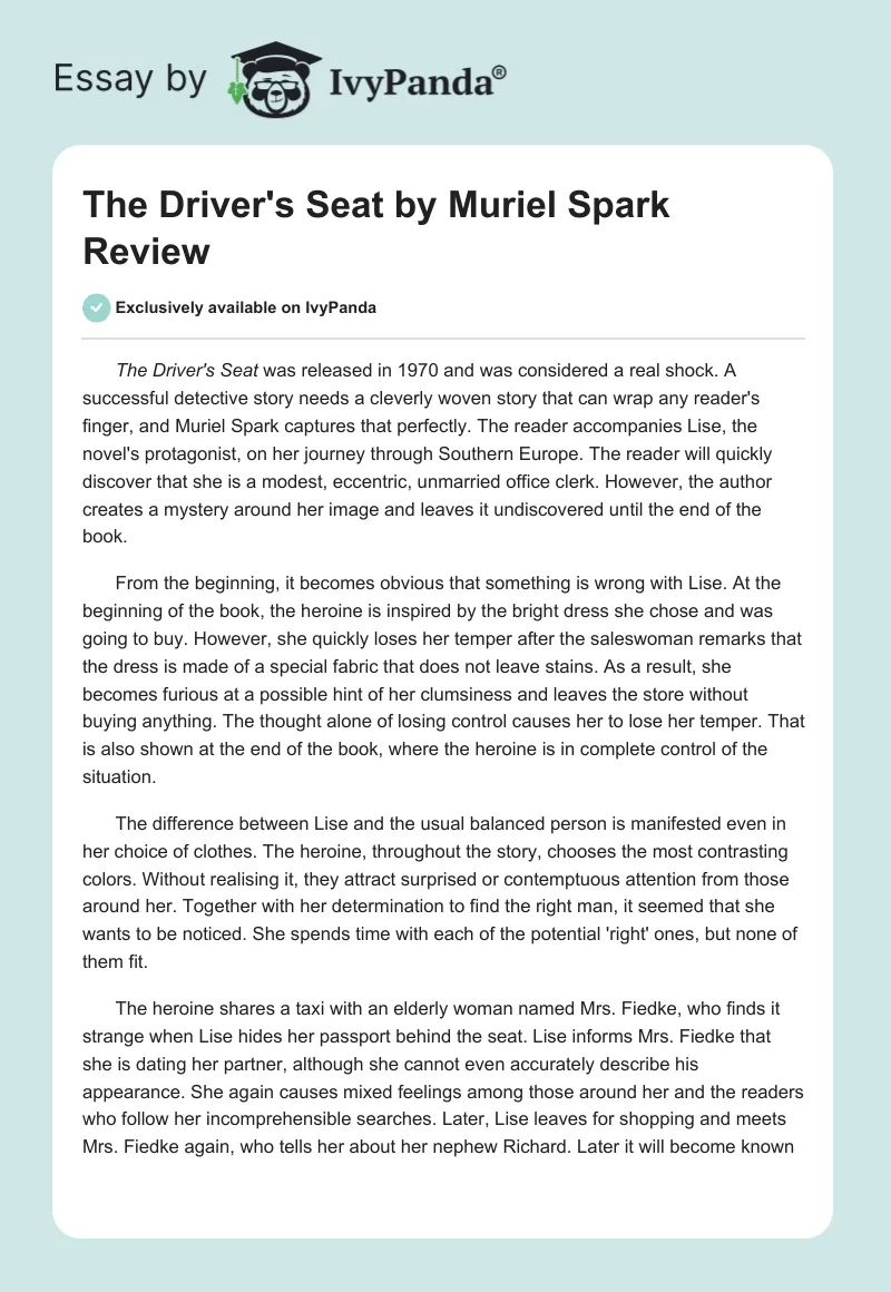 "The Driver's Seat" by Muriel Spark Review. Page 1