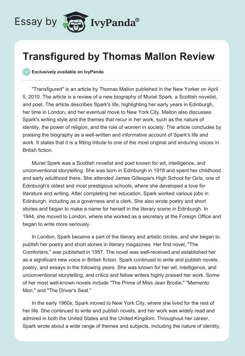 "Transfigured" by Thomas Mallon Review. Page 1