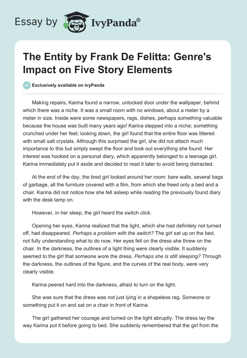 The Entity" by Frank De Felitta: Genre's Impact on Five Story Elements. Page 1