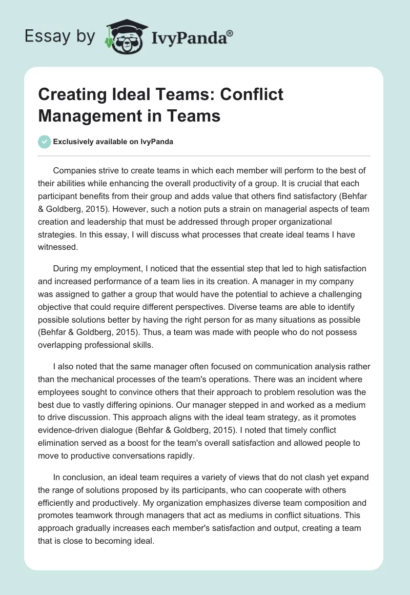 Creating Ideal Teams: Conflict Management in Teams. Page 1