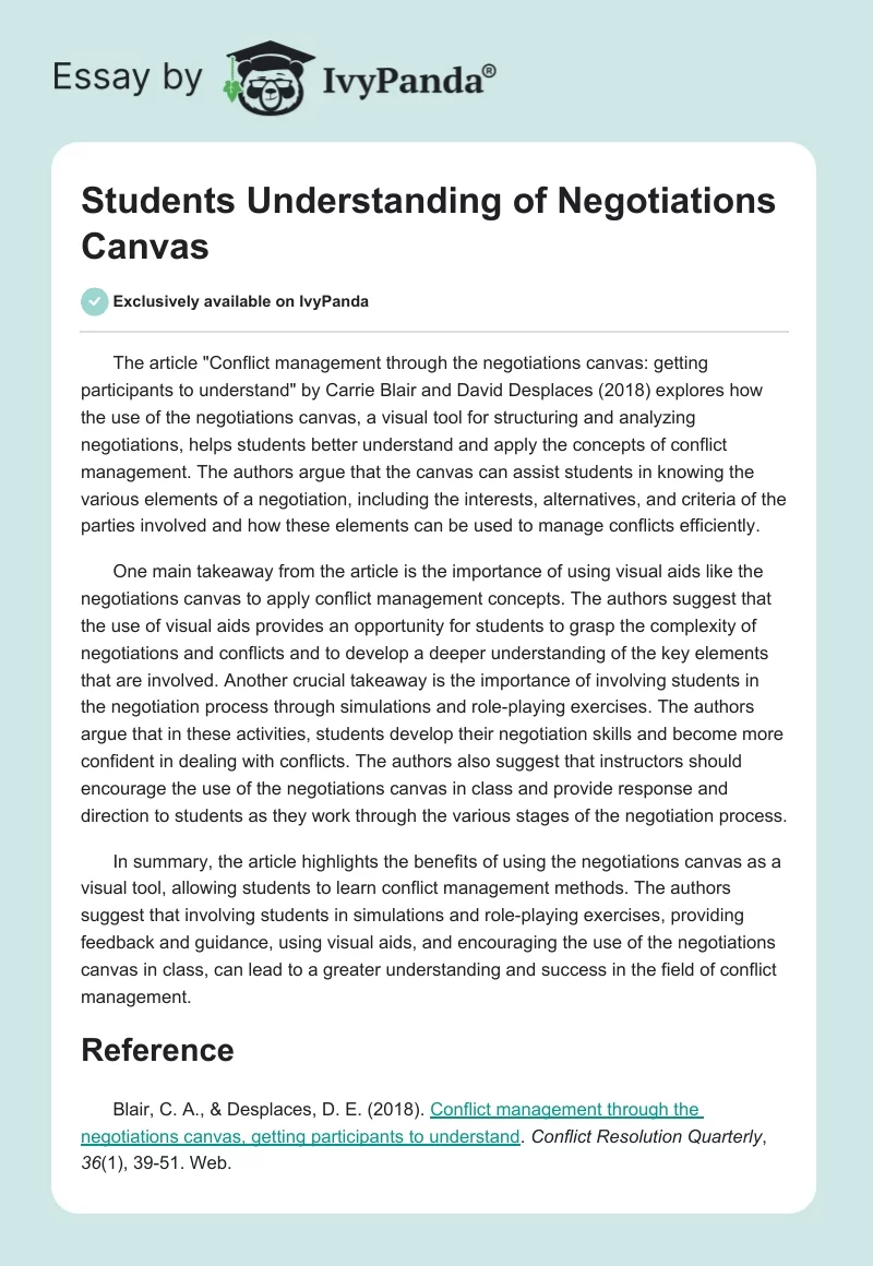 Students Understanding of Negotiations Canvas. Page 1