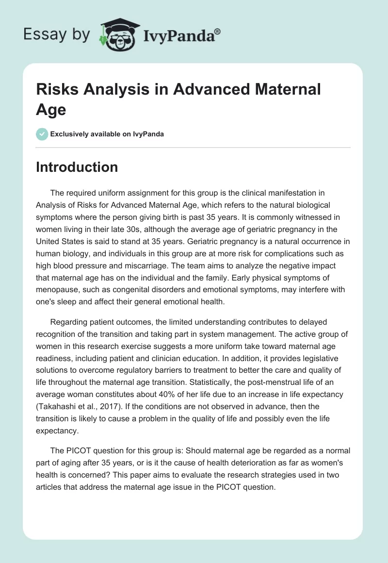 Risks Analysis in Advanced Maternal Age. Page 1