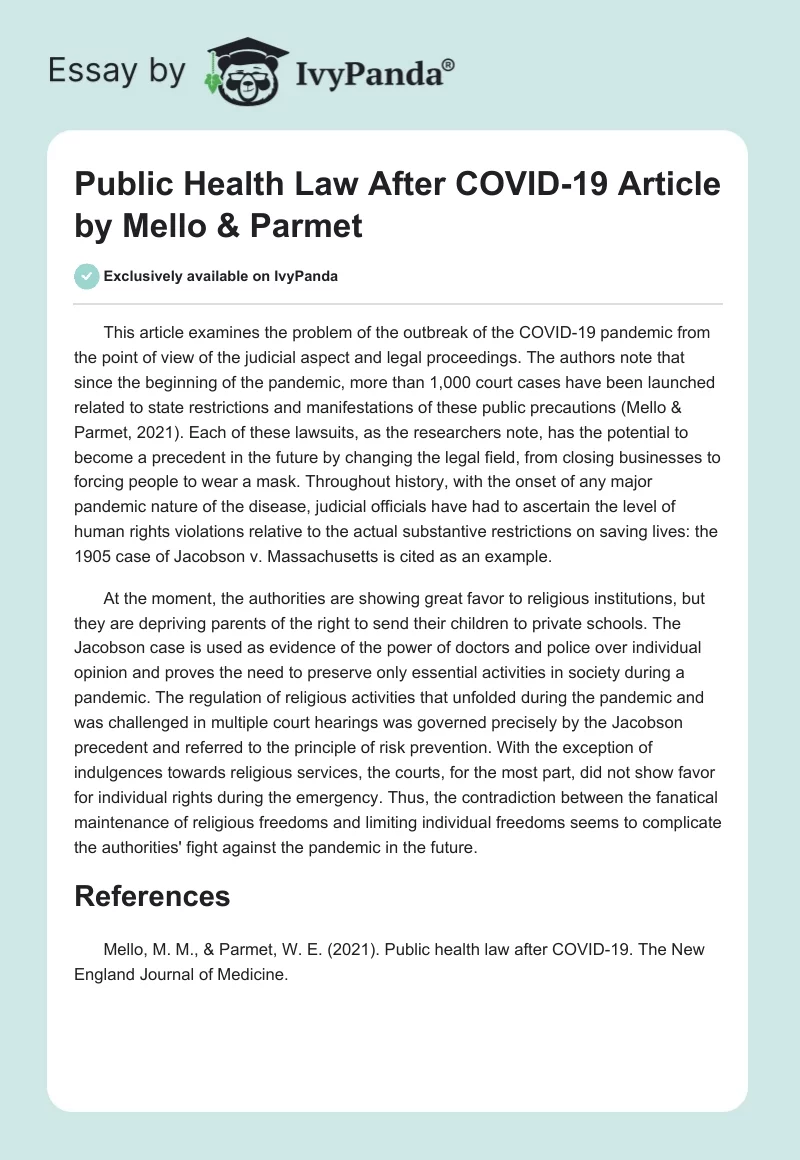 Public Health Law After COVID-19 Article by Mello & Parmet. Page 1
