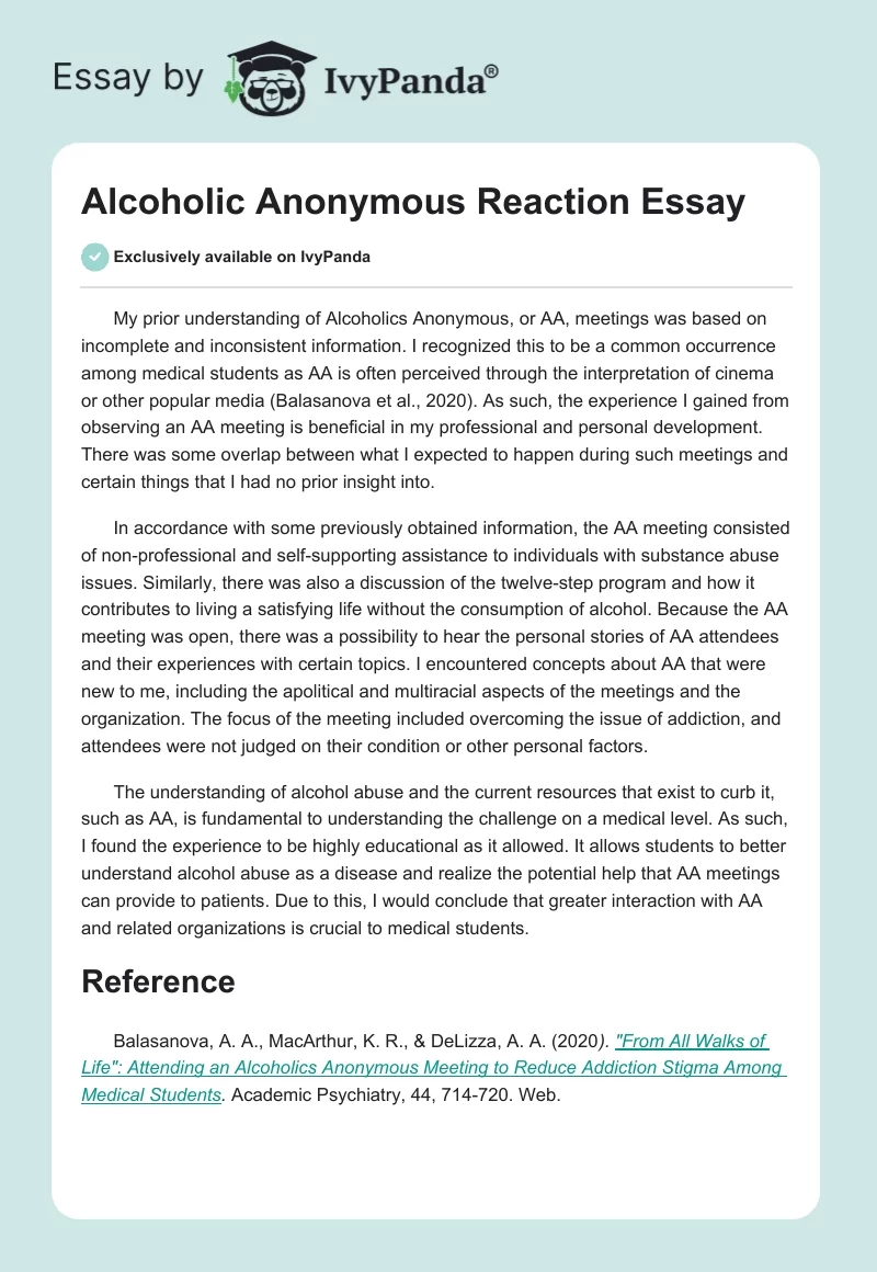 Alcoholic Anonymous Reaction Essay. Page 1