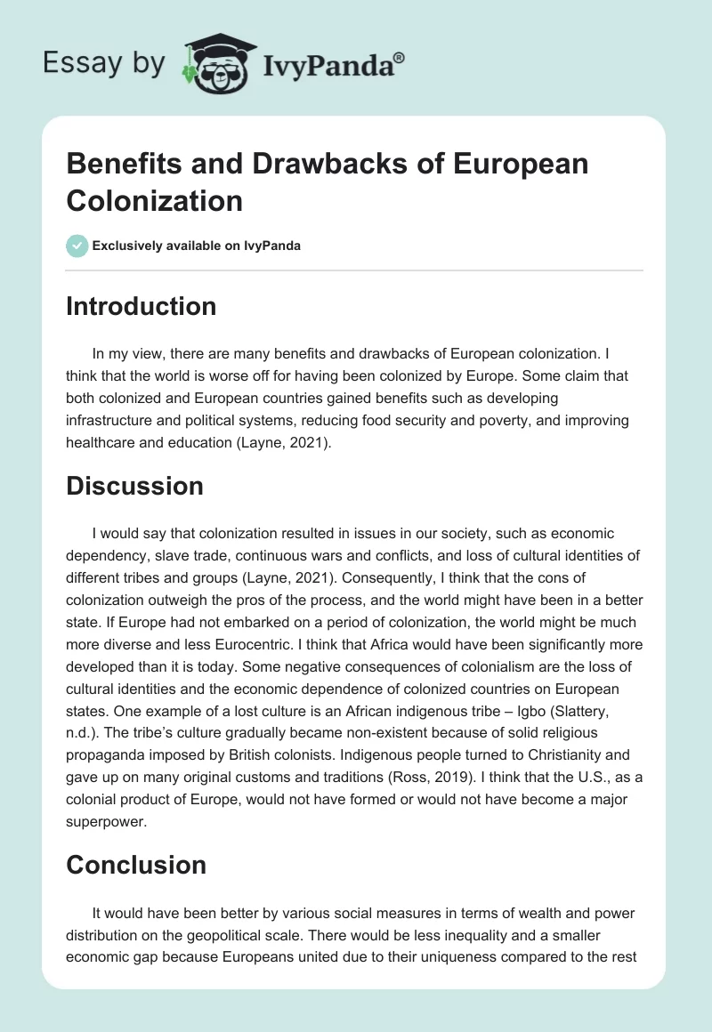 Benefits and Drawbacks of European Colonization. Page 1