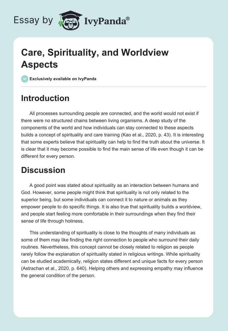 Care, Spirituality, and Worldview Aspects. Page 1