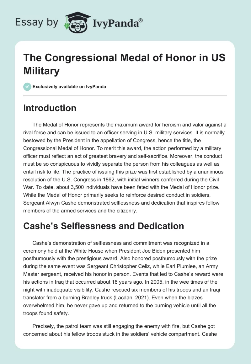 The Congressional Medal of Honor in US Military. Page 1