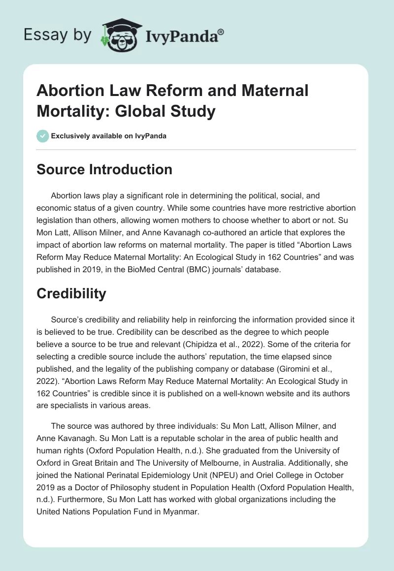 Abortion Law Reform and Maternal Mortality: Global Study. Page 1
