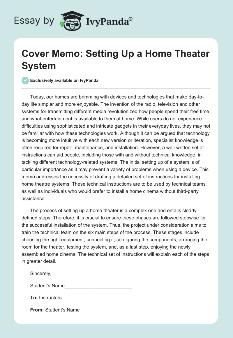 Cover Memo: Setting Up a Home Theater System. Page 1
