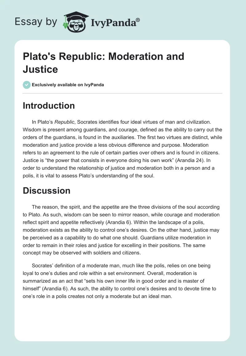 Plato's "Republic": Moderation and Justice. Page 1