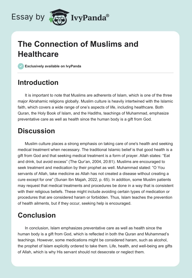 The Connection of Muslims and Healthcare. Page 1