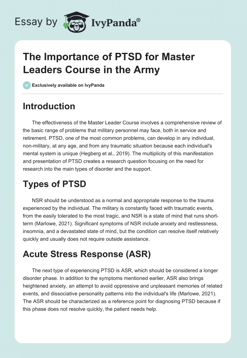 The Importance of PTSD for Master Leaders Course in the Army. Page 1