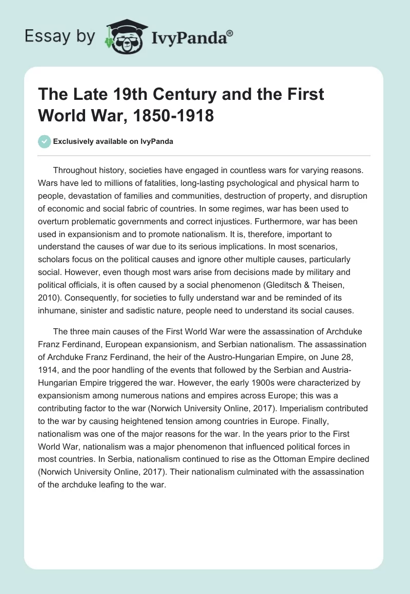 The Late 19th Century and the First World War, 1850-1918. Page 1