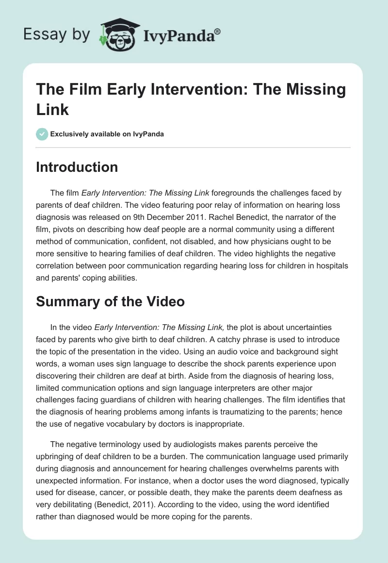 The Film "Early Intervention: The Missing Link". Page 1