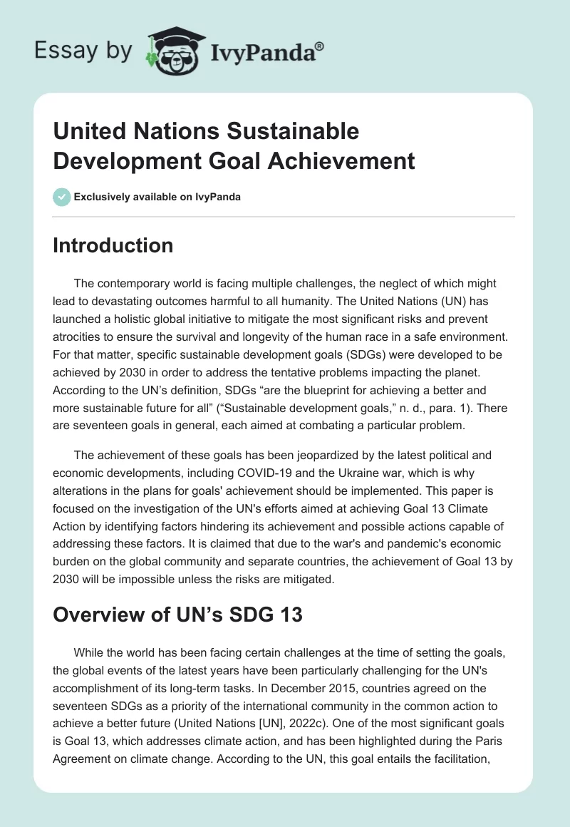 United Nations Sustainable Development Goal Achievement. Page 1