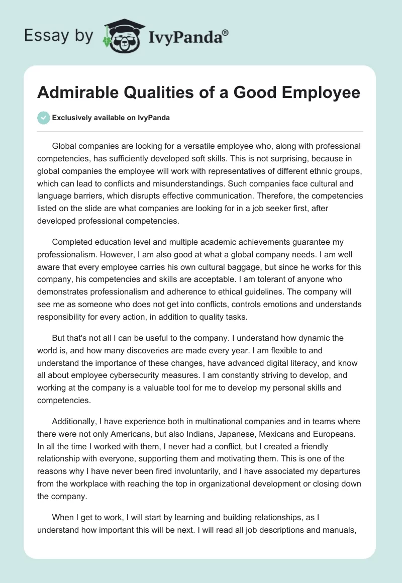 Admirable Qualities of a Good Employee. Page 1