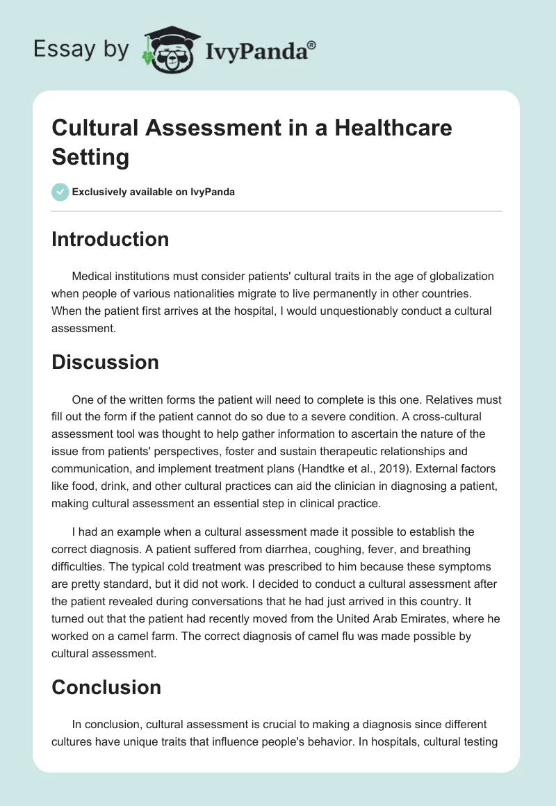 Cultural Assessment in a Healthcare Setting. Page 1