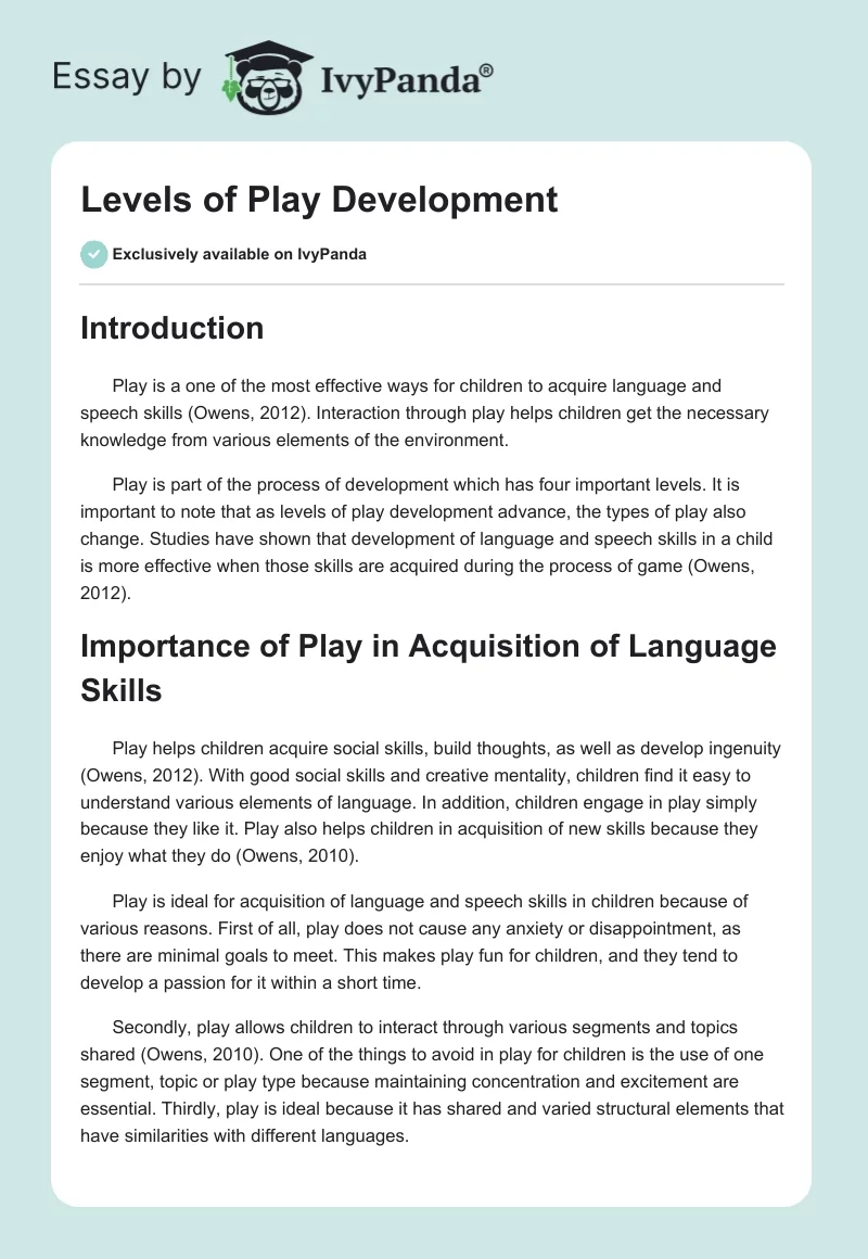 Levels of Play Development. Page 1