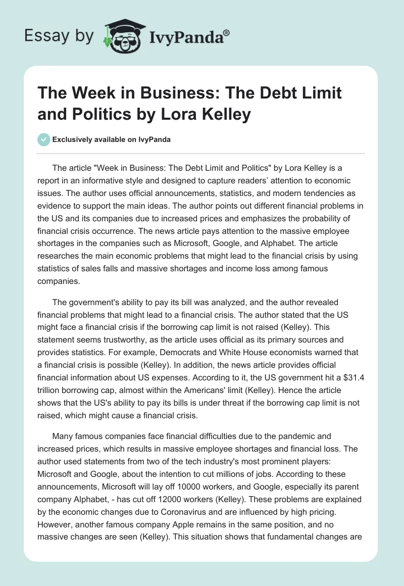 "The Week in Business: The Debt Limit and Politics" by Lora Kelley. Page 1