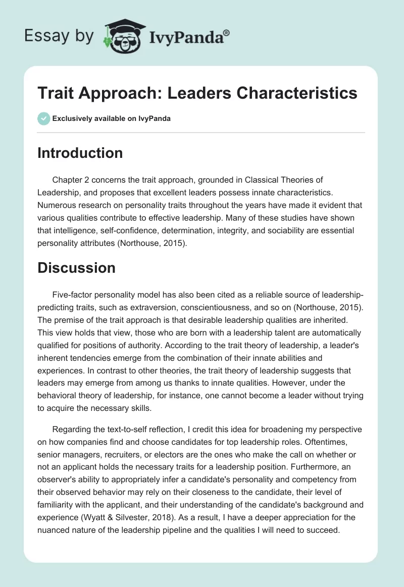 Trait Approach: Leaders Characteristics. Page 1