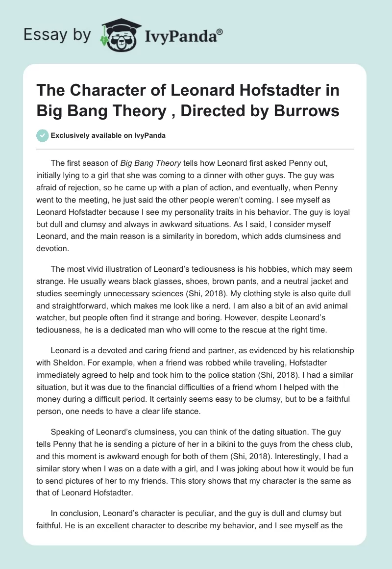 The Character of Leonard Hofstadter in "Big Bang Theory" , Directed by Burrows. Page 1