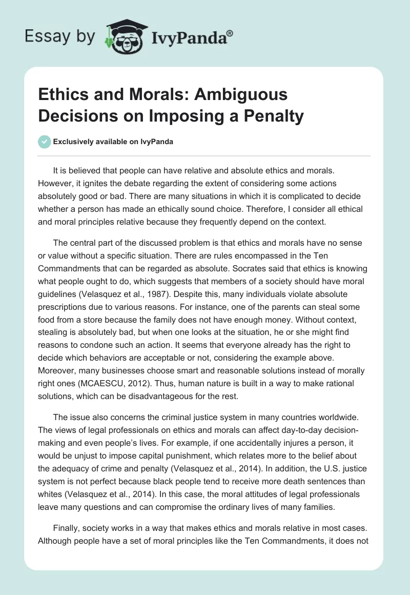 Ethics and Morals: Ambiguous Decisions on Imposing a Penalty. Page 1