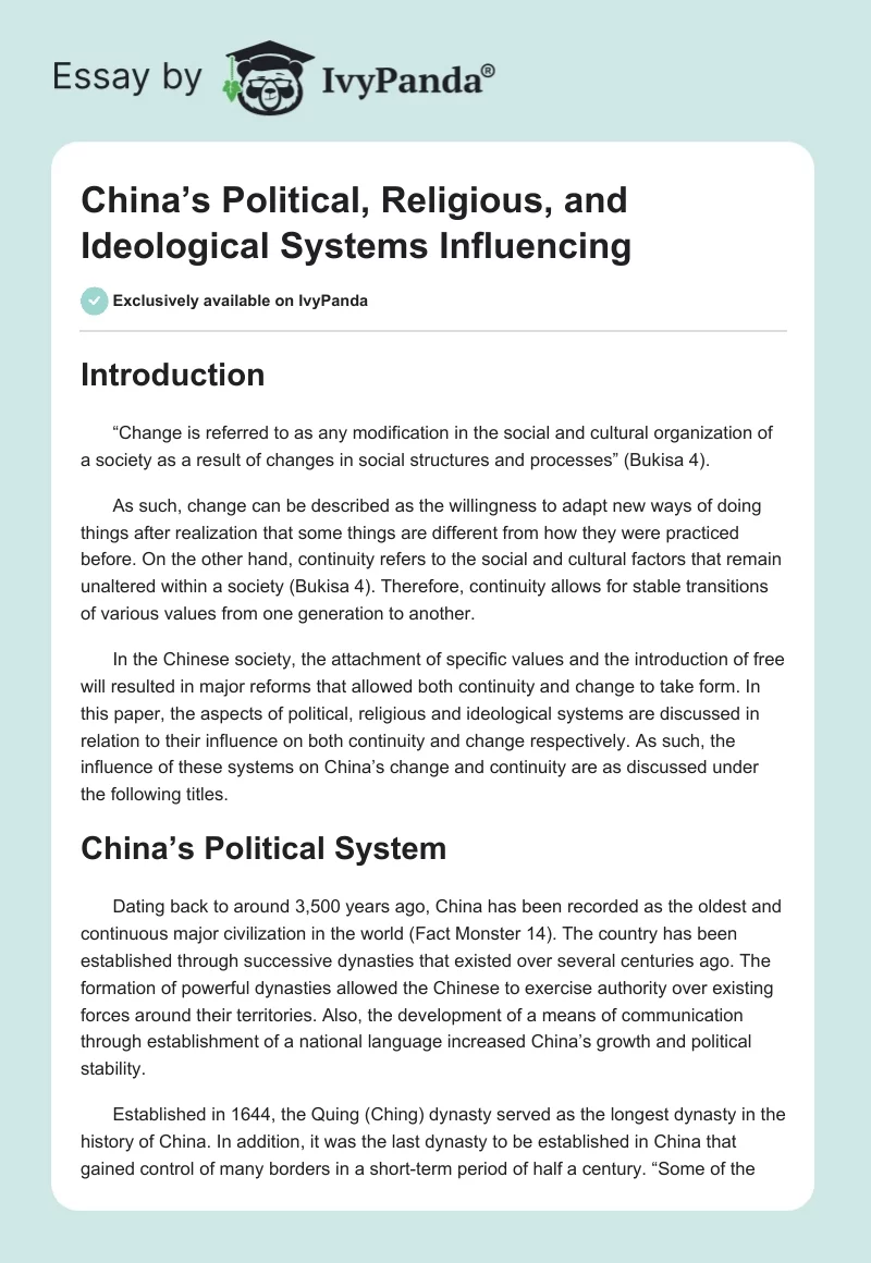 China’s Political, Religious, and Ideological Systems Influencing. Page 1