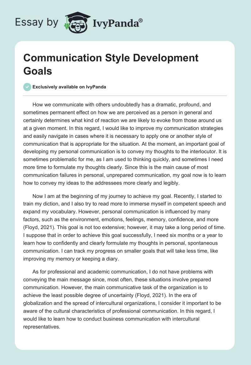 Communication Style Development Goals. Page 1