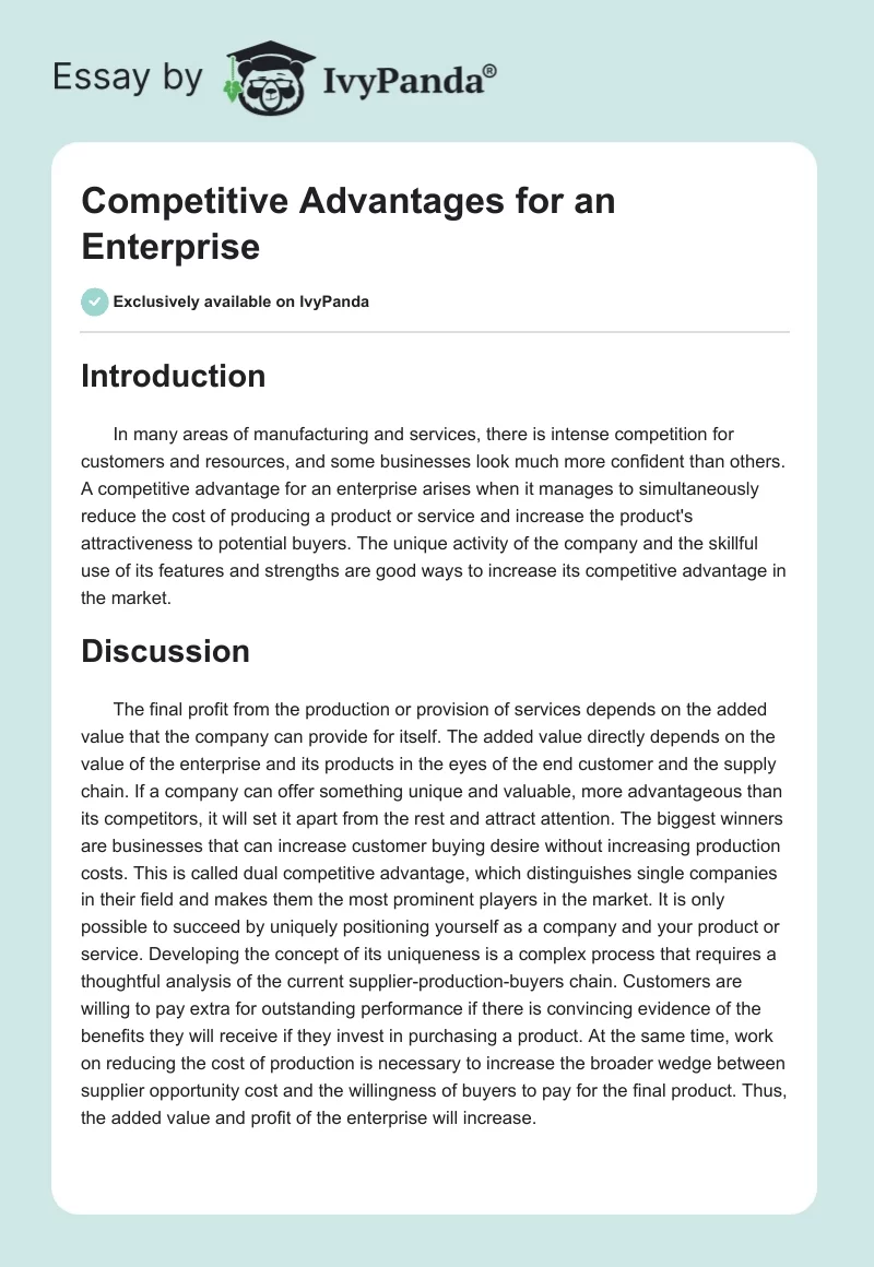Competitive Advantages for an Enterprise. Page 1