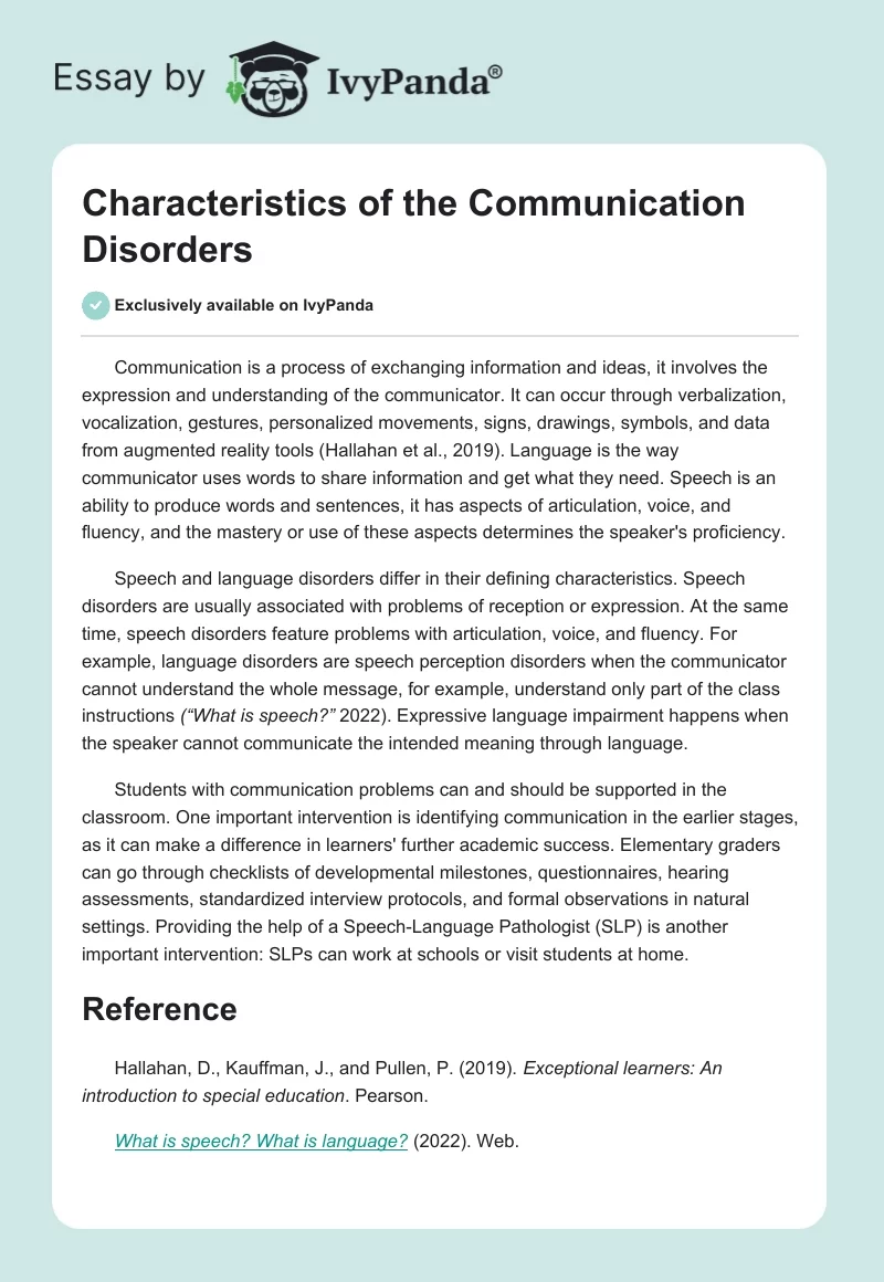 Characteristics of the Communication Disorders. Page 1