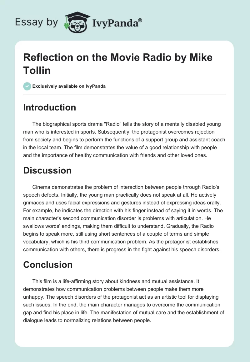 Reflection on the Movie "Radio" by Mike Tollin. Page 1