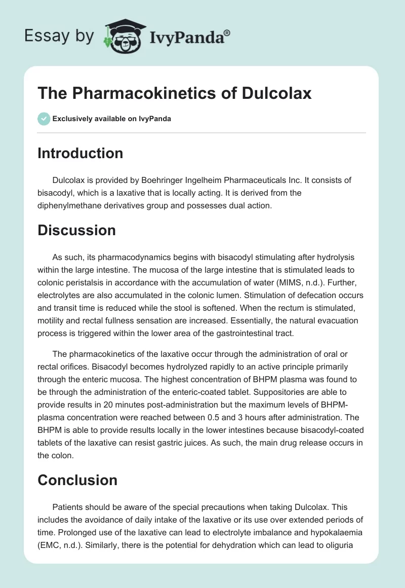 The Pharmacokinetics of Dulcolax. Page 1
