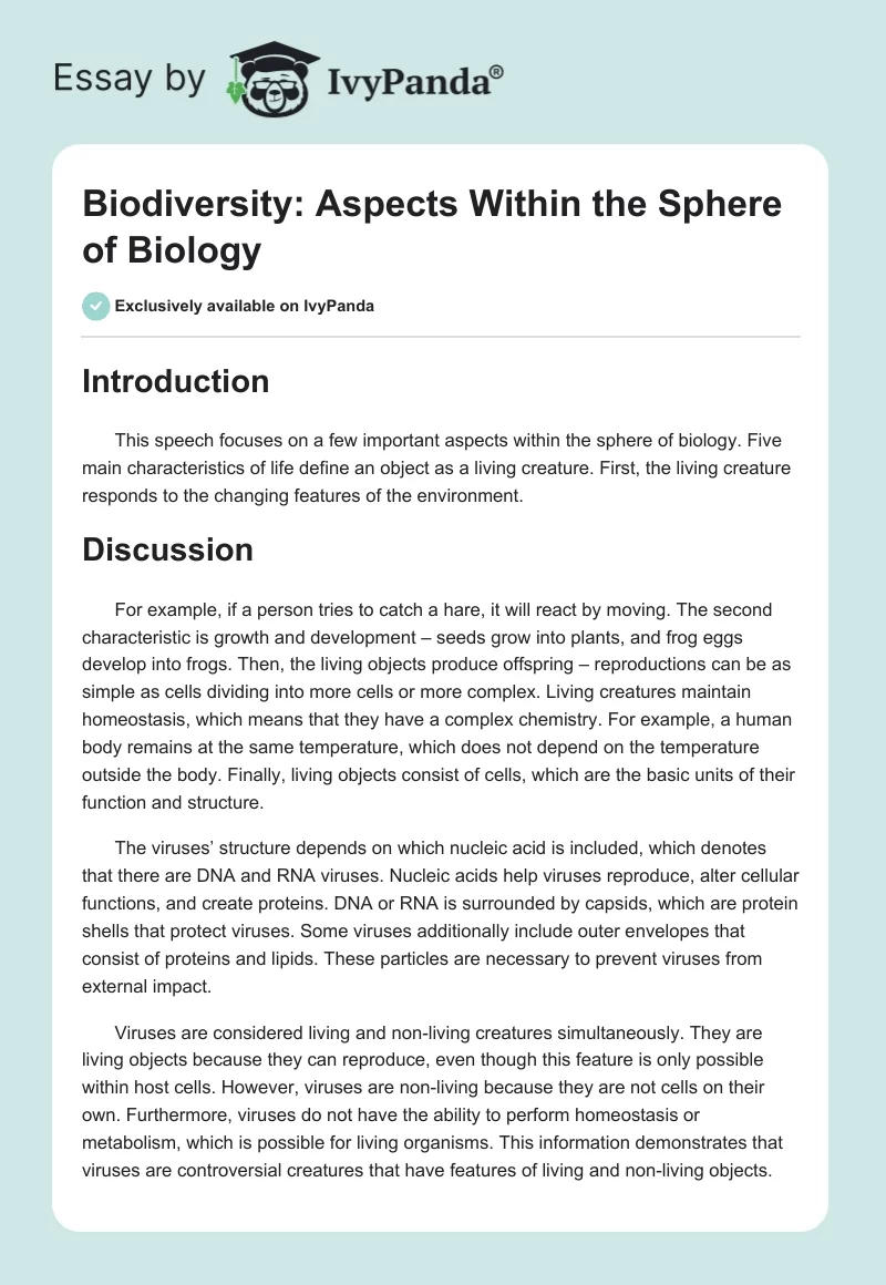 Biodiversity: Aspects Within the Sphere of Biology. Page 1