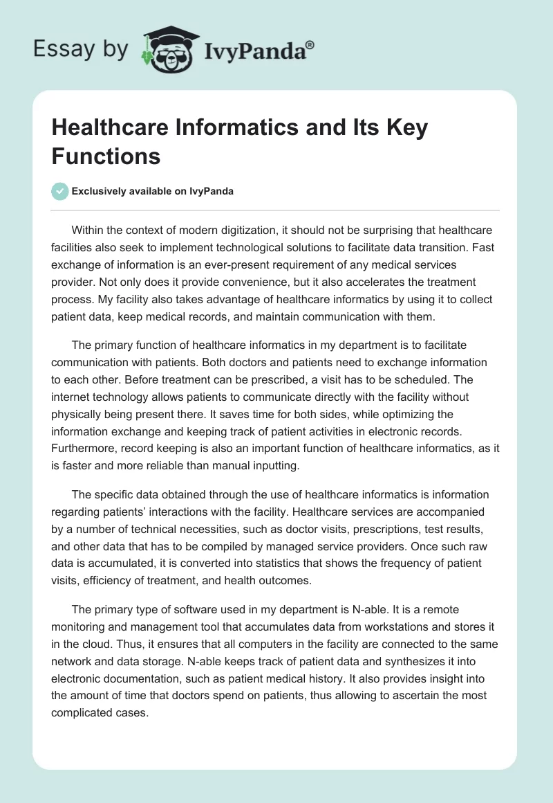 Healthcare Informatics and Its Key Functions. Page 1