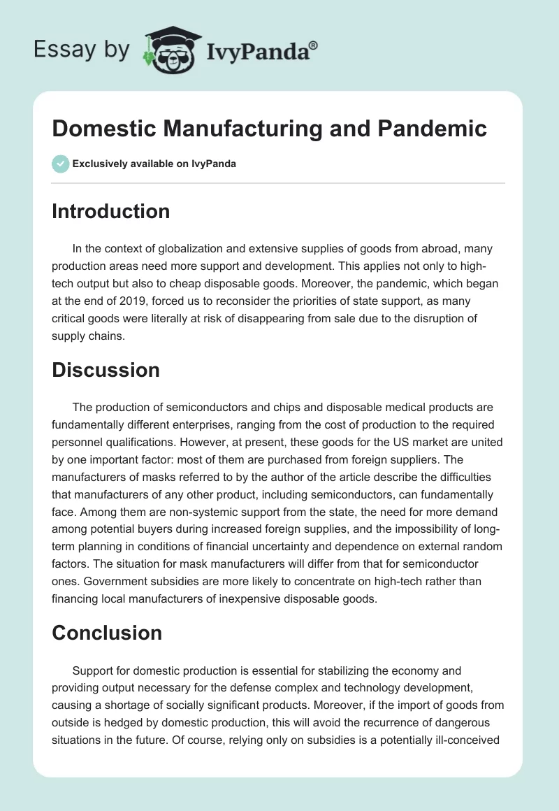 Domestic Production as an Essential for Stabilizing the Economy. Page 1