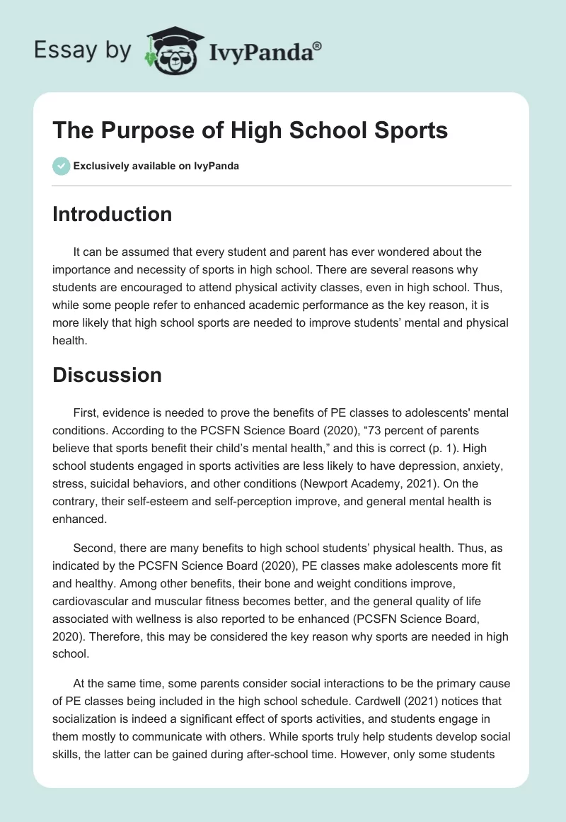 The Purpose of High School Sports. Page 1