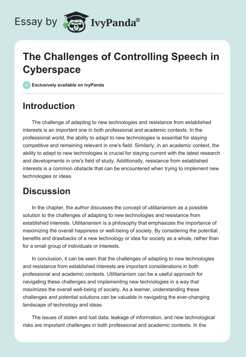 The Challenges of Controlling Speech in Cyberspace. Page 1