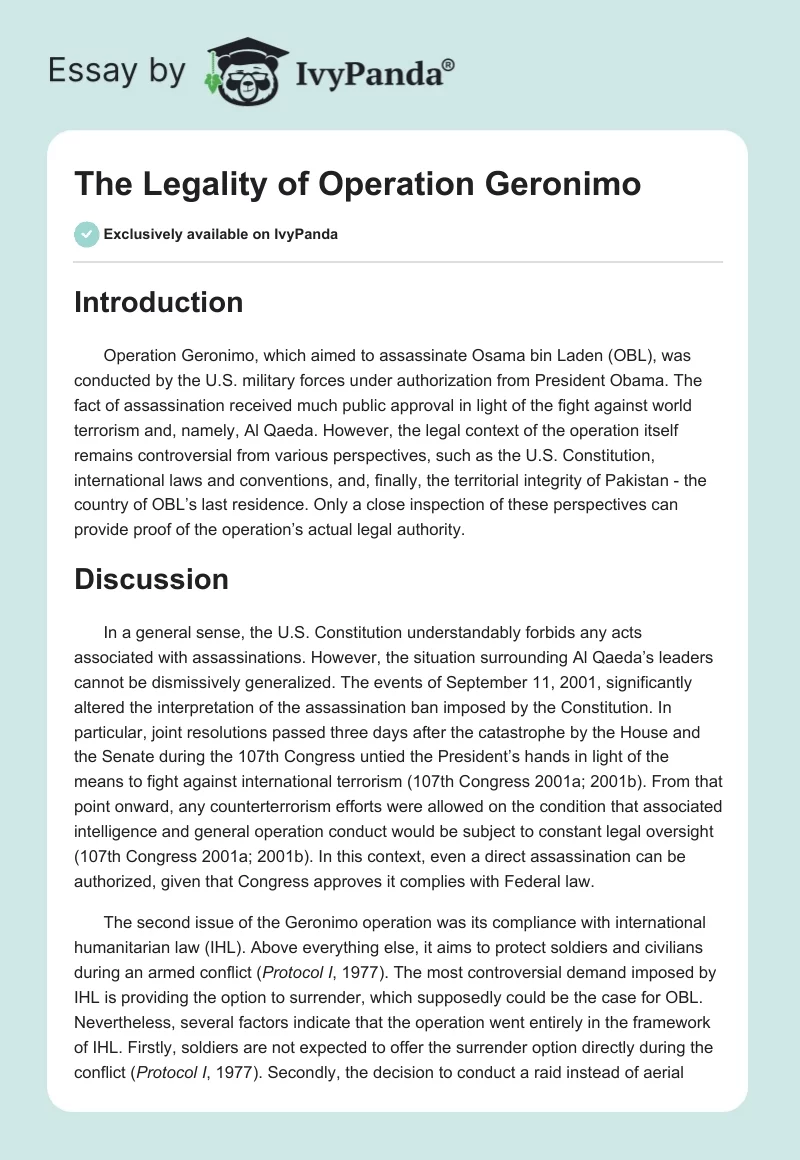 The Legality of Operation Geronimo. Page 1