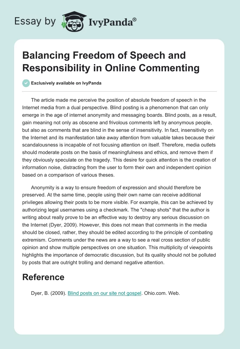 Balancing Freedom of Speech and Responsibility in Online Commenting. Page 1