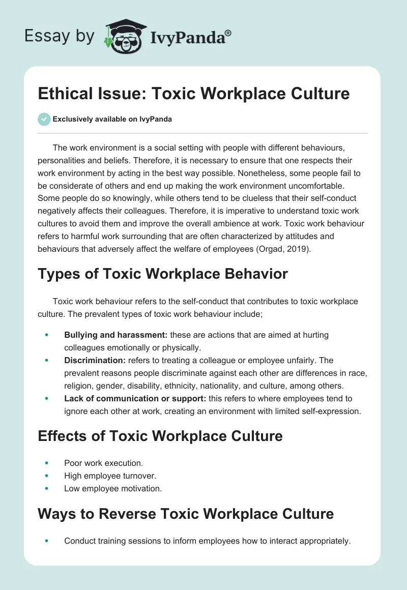 Ethical Issue: Toxic Workplace Culture. Page 1