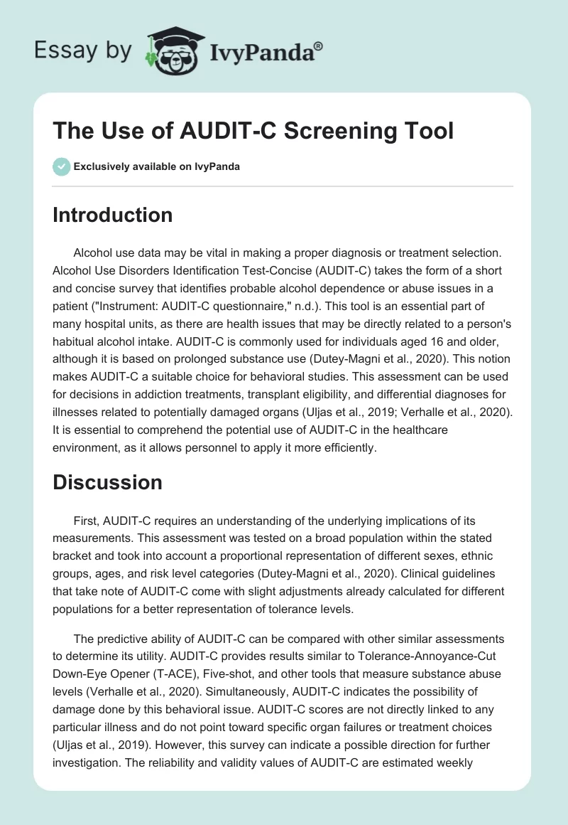 The Use of AUDIT-C Screening Tool. Page 1