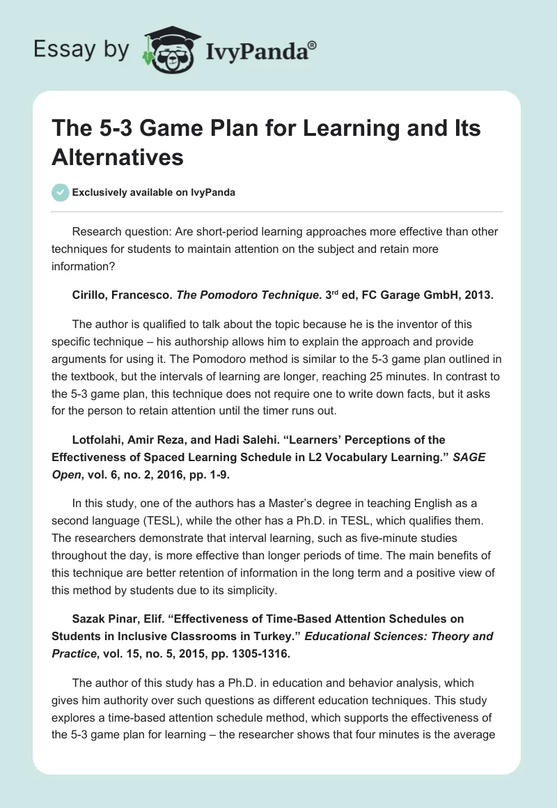 The 5-3 Game Plan for Learning and Its Alternatives. Page 1
