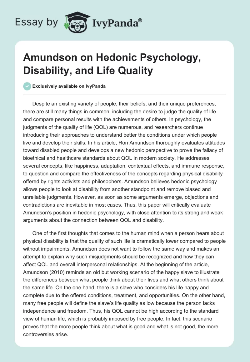 Amundson on Hedonic Psychology, Disability, and Life Quality. Page 1