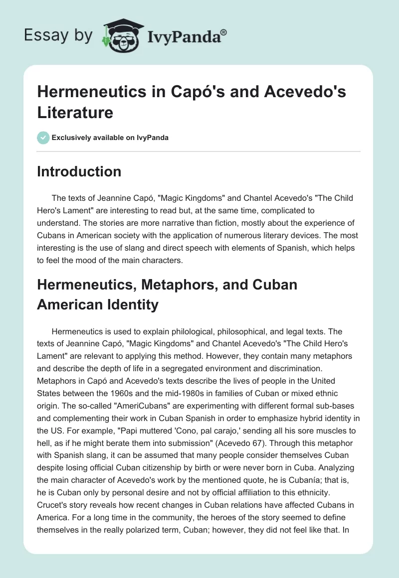 Hermeneutics in Capó's and Acevedo's Literature. Page 1