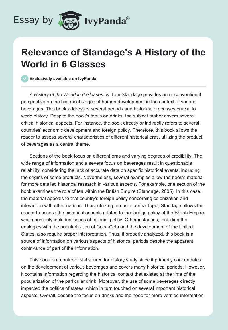Relevance of Standage's A History of the World in 6 Glasses. Page 1