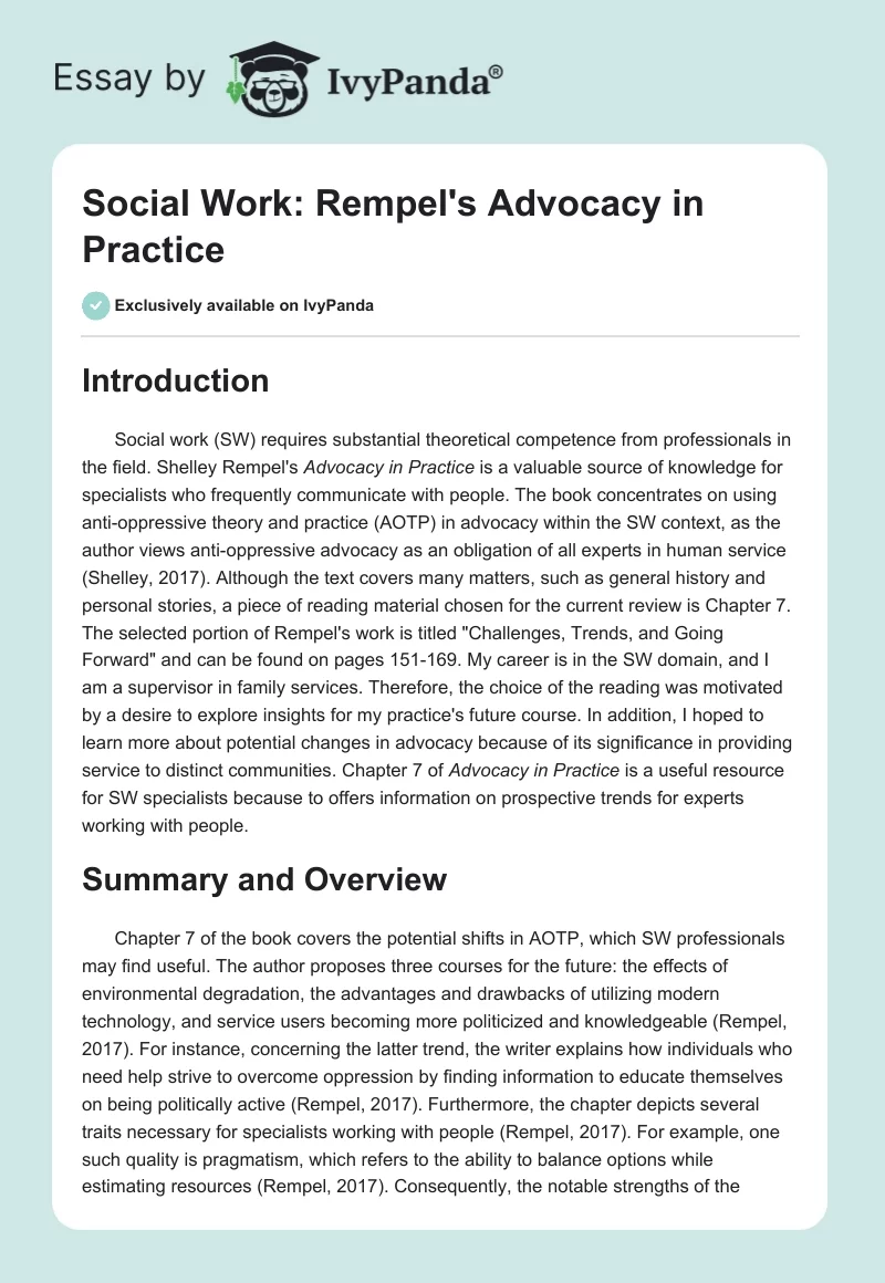 Social Work: Rempel's Advocacy in Practice. Page 1